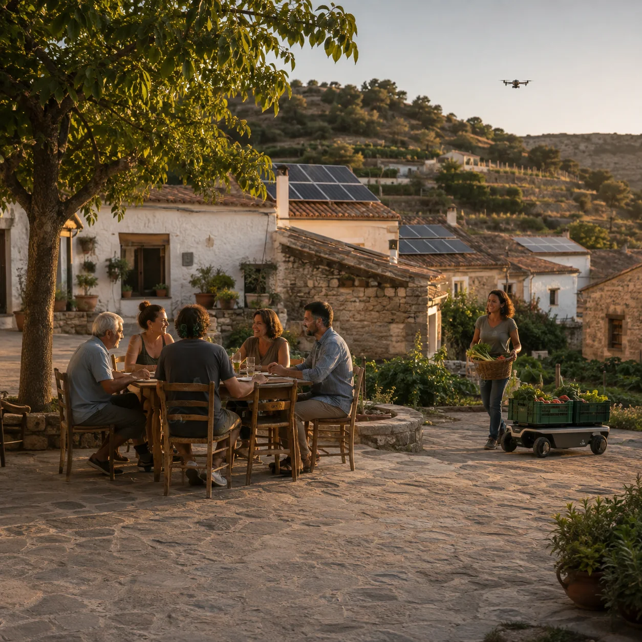 Visualización de un pueblo español al atardecer: vecinos reunidos en una plaza, casas con paneles solares, un dron y un pequeño robot transportando verduras.