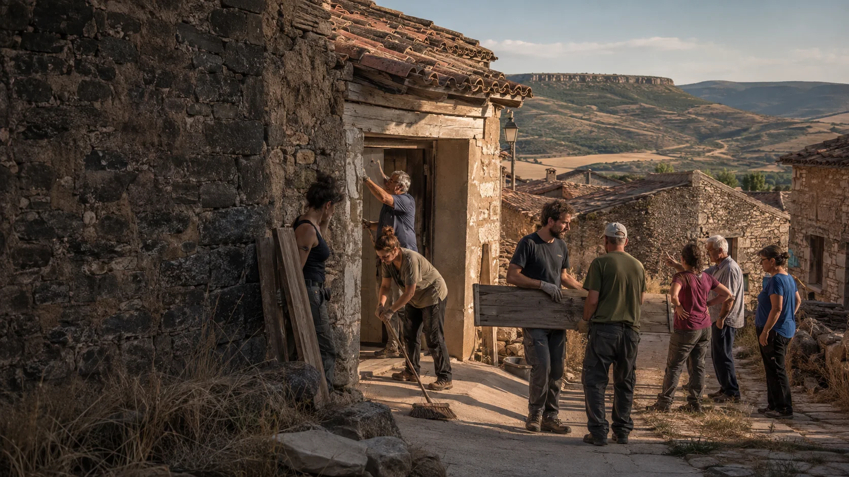 Escena imaginada de vecinos de distintas edades recuperando una casa de piedra en un pueblo