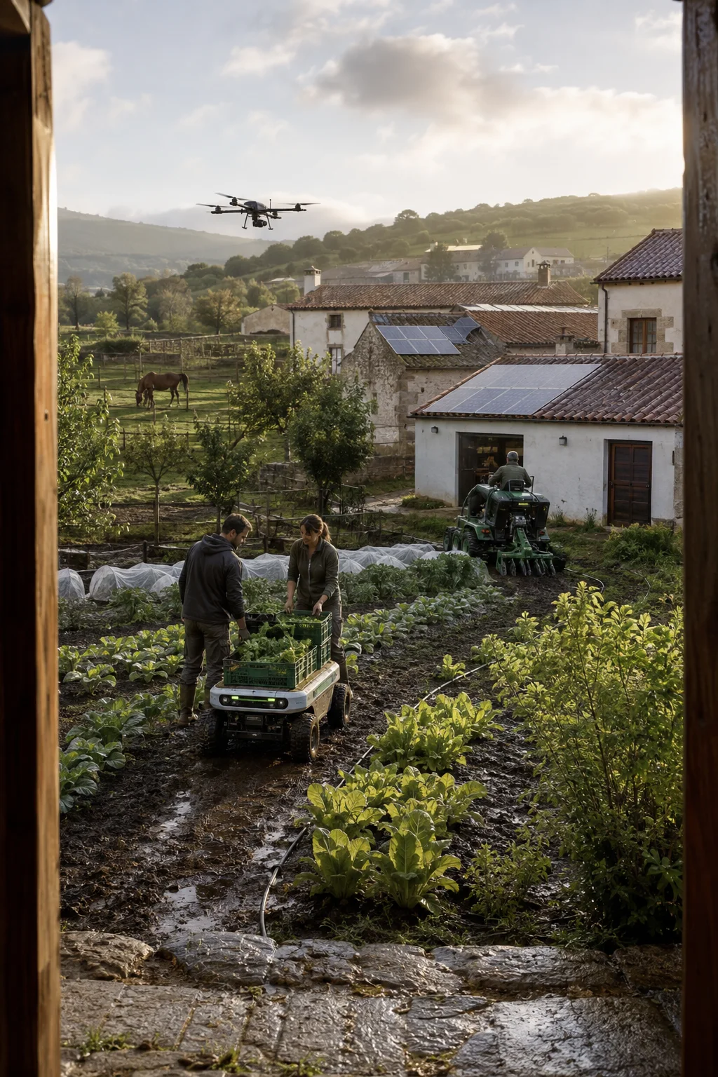 Visión de un pueblo español con tejados solares, huertos y tecnología de apoyo al trabajo agrícola.