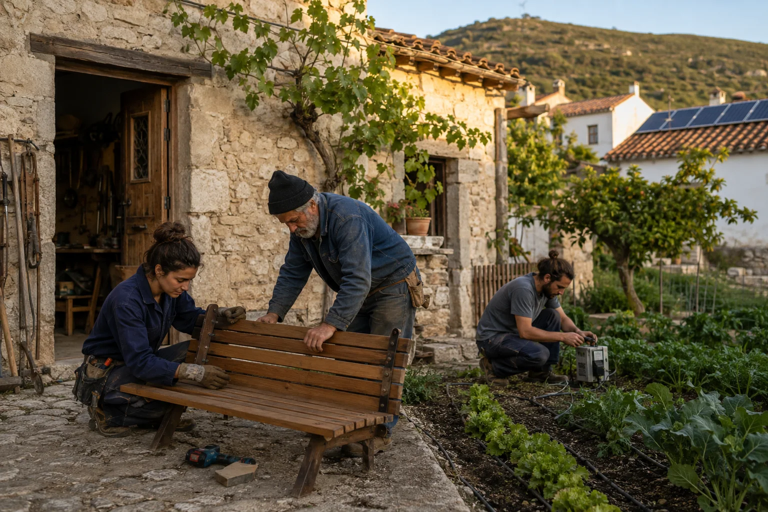 Escena imaginada: una joven y un vecino mayor reparan un banco junto al taller; otra persona ajusta el riego del huerto, con tejados solares al fondo.